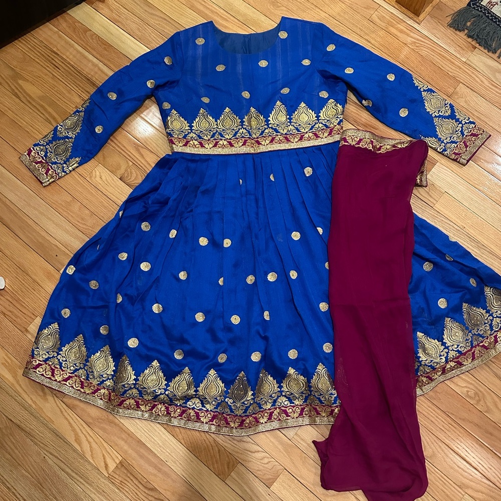 Afghan Blue and Gold Embroidered Dress with Maroon Scarf